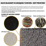 Product description of black and white labyrinth hexagon pattern woven blanket throw with close-up details and color options.