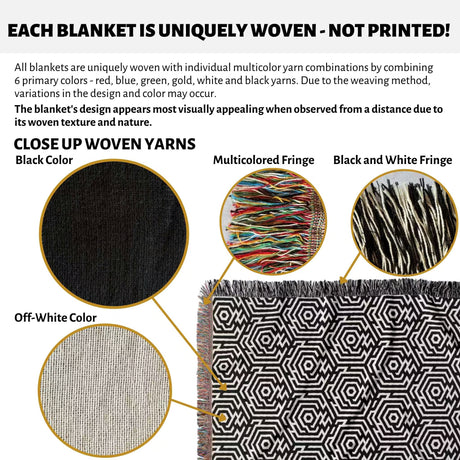 Product description of black and white labyrinth hexagon pattern woven blanket throw with close-up details and color options.