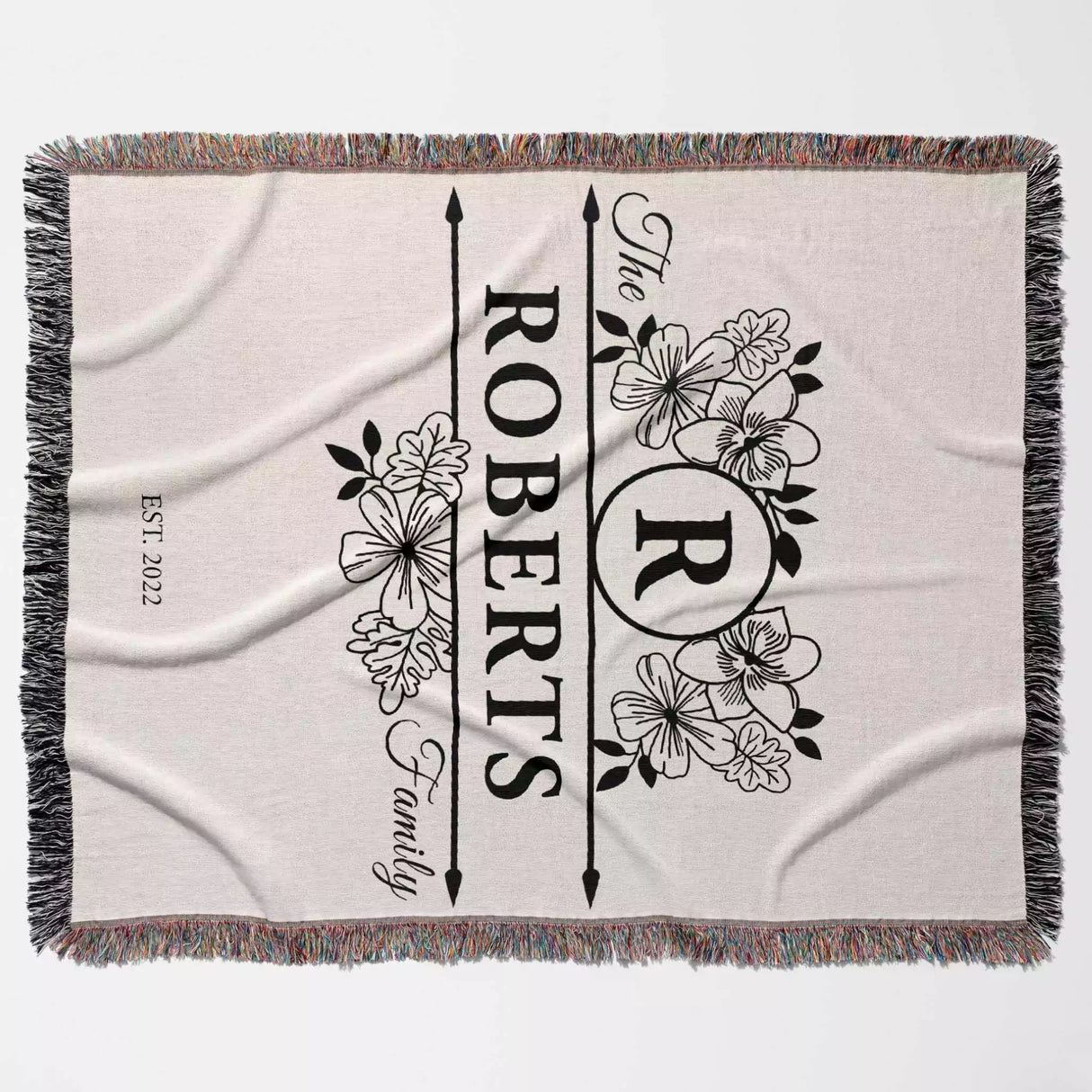 Last name monogram blanket with floral design full view and 'The Roberts Family' text on a light background