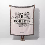 Last name monogram blanket with 'The Roberts Family' design on a white background