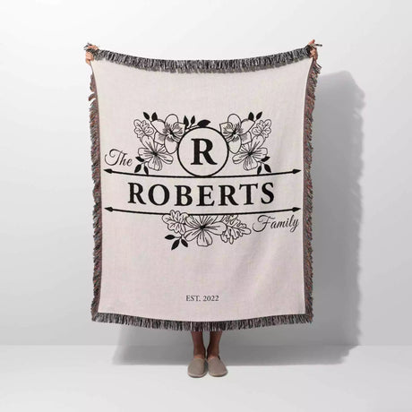 Last name monogram blanket with 'The Roberts Family' design on a white background