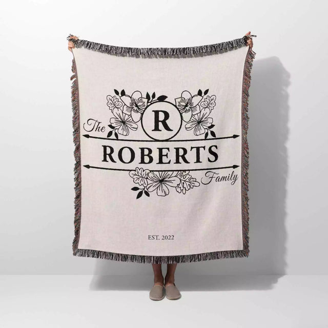 Last name monogram blanket with 'The Roberts Family' design on a white background