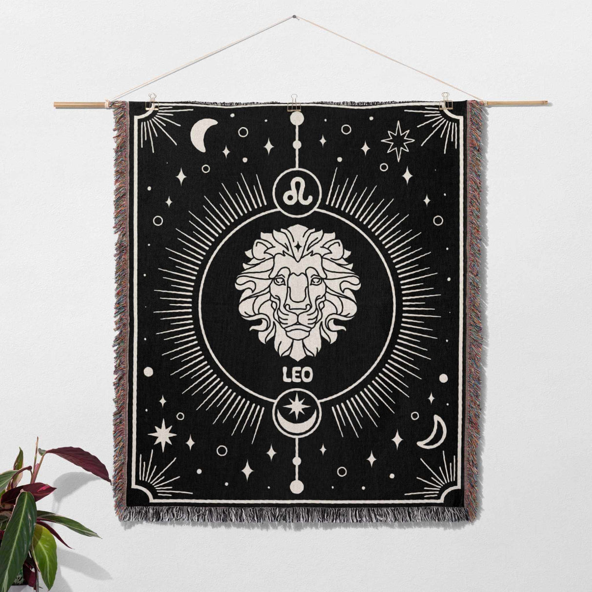 The Leo Zodiac Blanket doubles as a stunning piece of wall art, perfect for adding a personal zodiac touch to any living space. The detailed design and multicolor fringe create a captivating visual display.