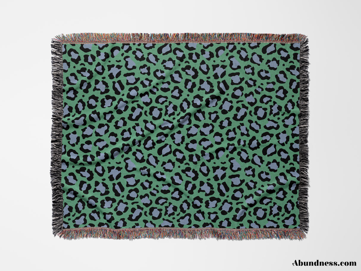 Leopard Animal Print Blue and Green Woven Throw Blanket and Tapestry