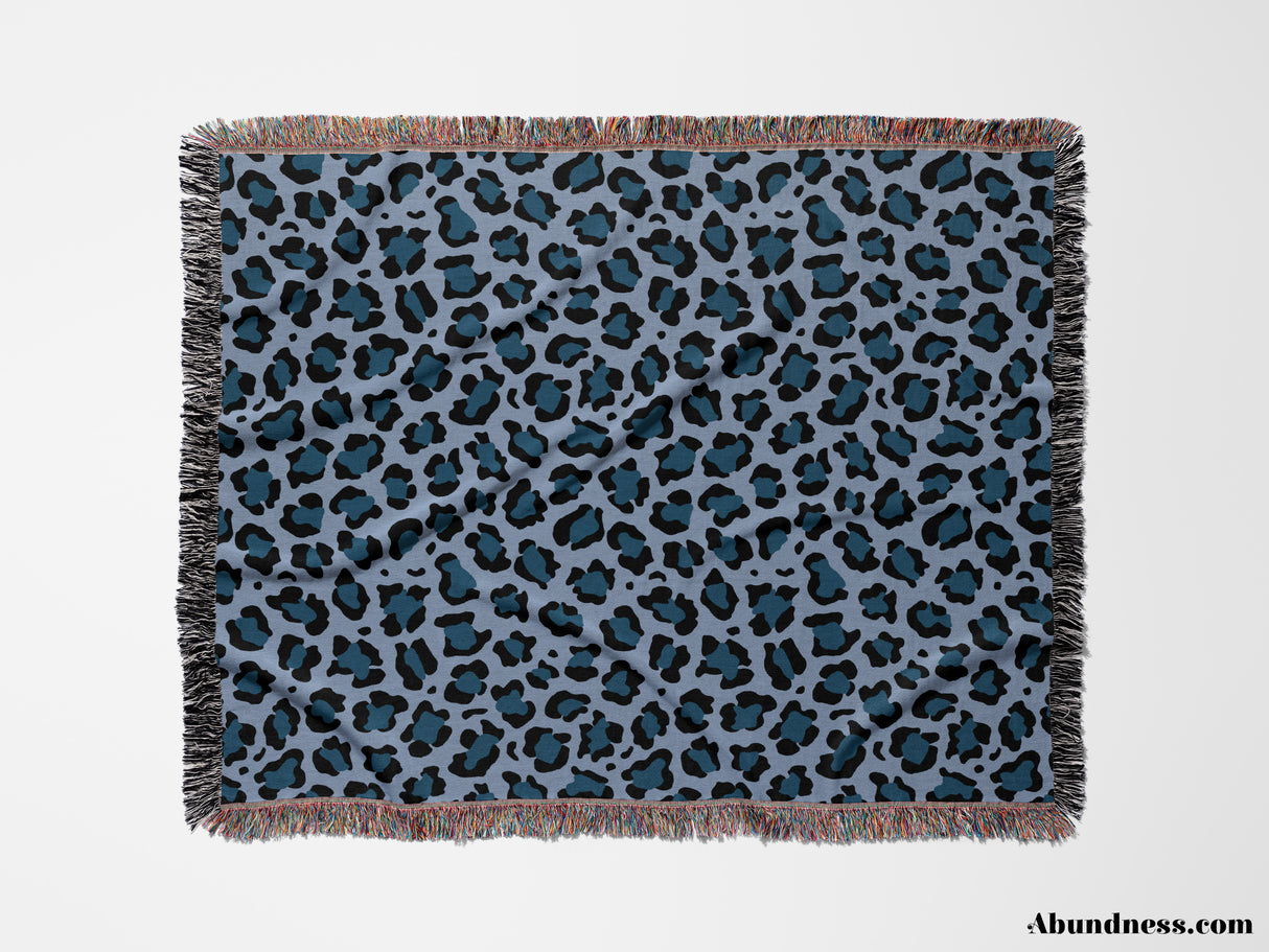 Leopard Animal Print Blue and Light Blue Woven Throw Blanket and Tapestry