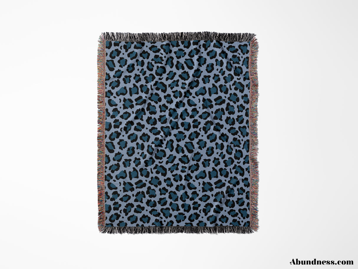 Leopard Animal Print Blue and Light Blue Woven Throw Blanket and Tapestry