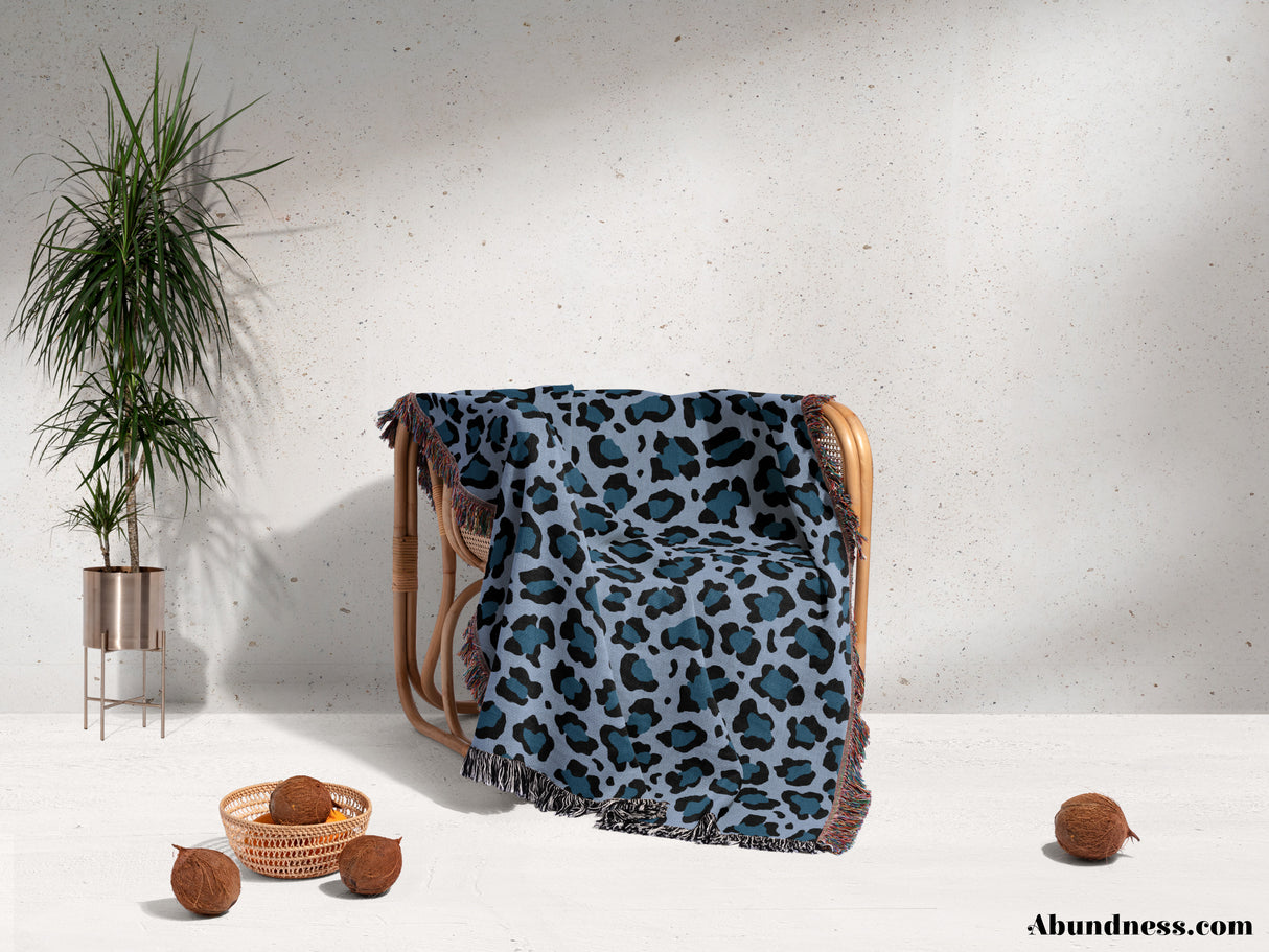 Leopard Animal Print Blue and Light Blue Woven Throw Blanket and Tapestry