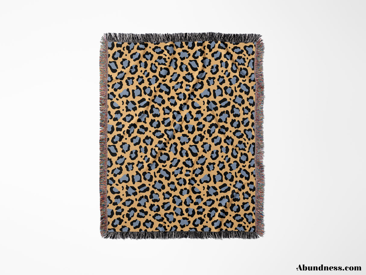 Leopard Animal Print Blue and Orange Woven Throw Blanket and Tapestry