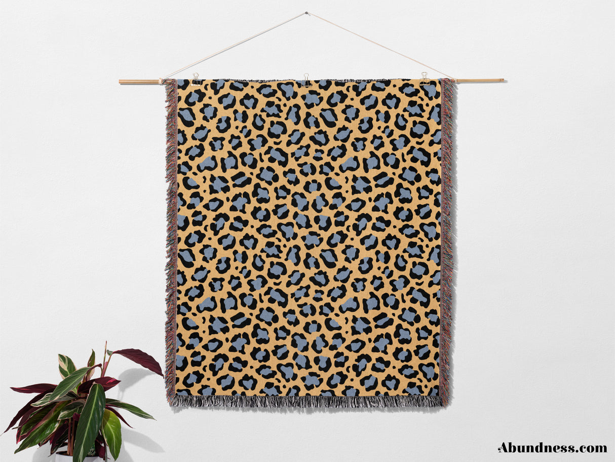 Leopard Animal Print Blue and Orange Woven Throw Blanket and Tapestry