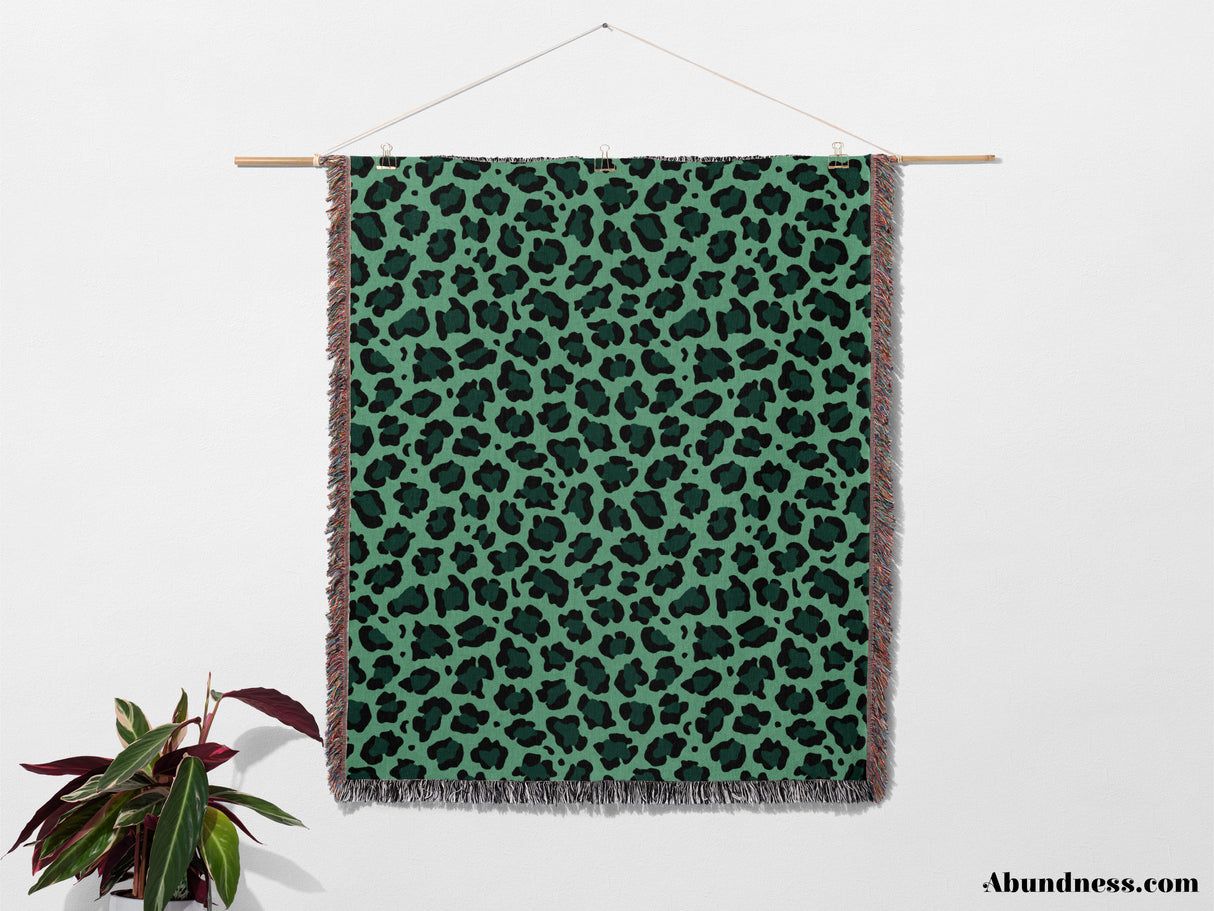 Leopard Animal Print Forest Green and Light Green Woven Throw Blanket and Tapestry