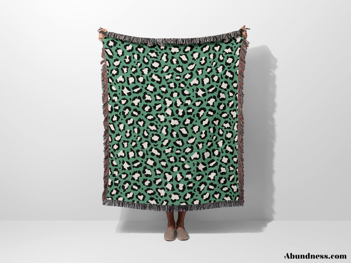 Leopard Animal Print White and Green Woven Throw Blanket and Tapestry