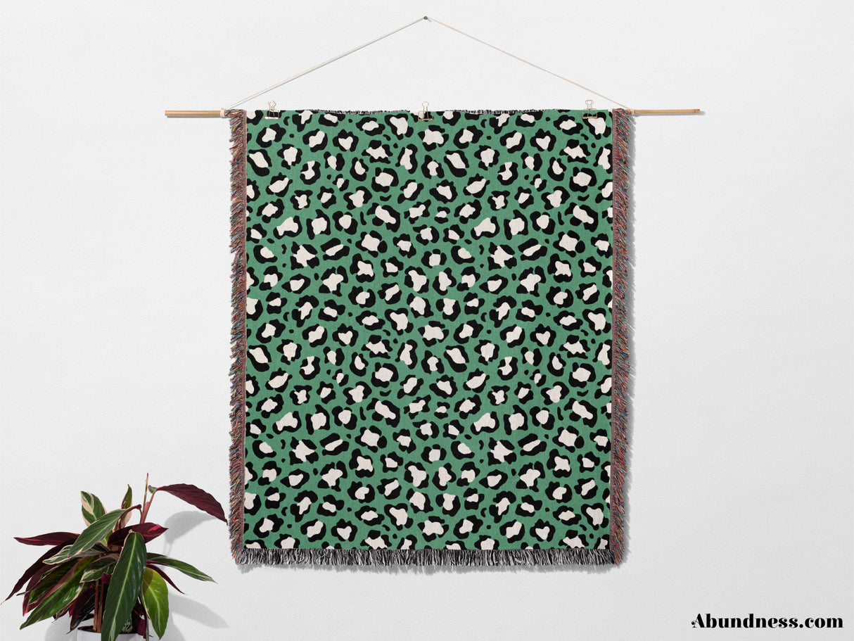 Leopard Animal Print White and Green Woven Throw Blanket and Tapestry