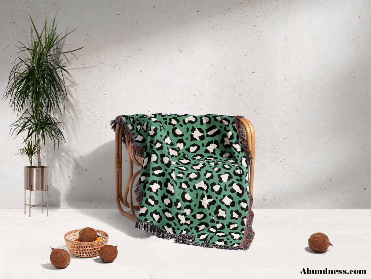 Leopard Animal Print White and Green Woven Throw Blanket and Tapestry