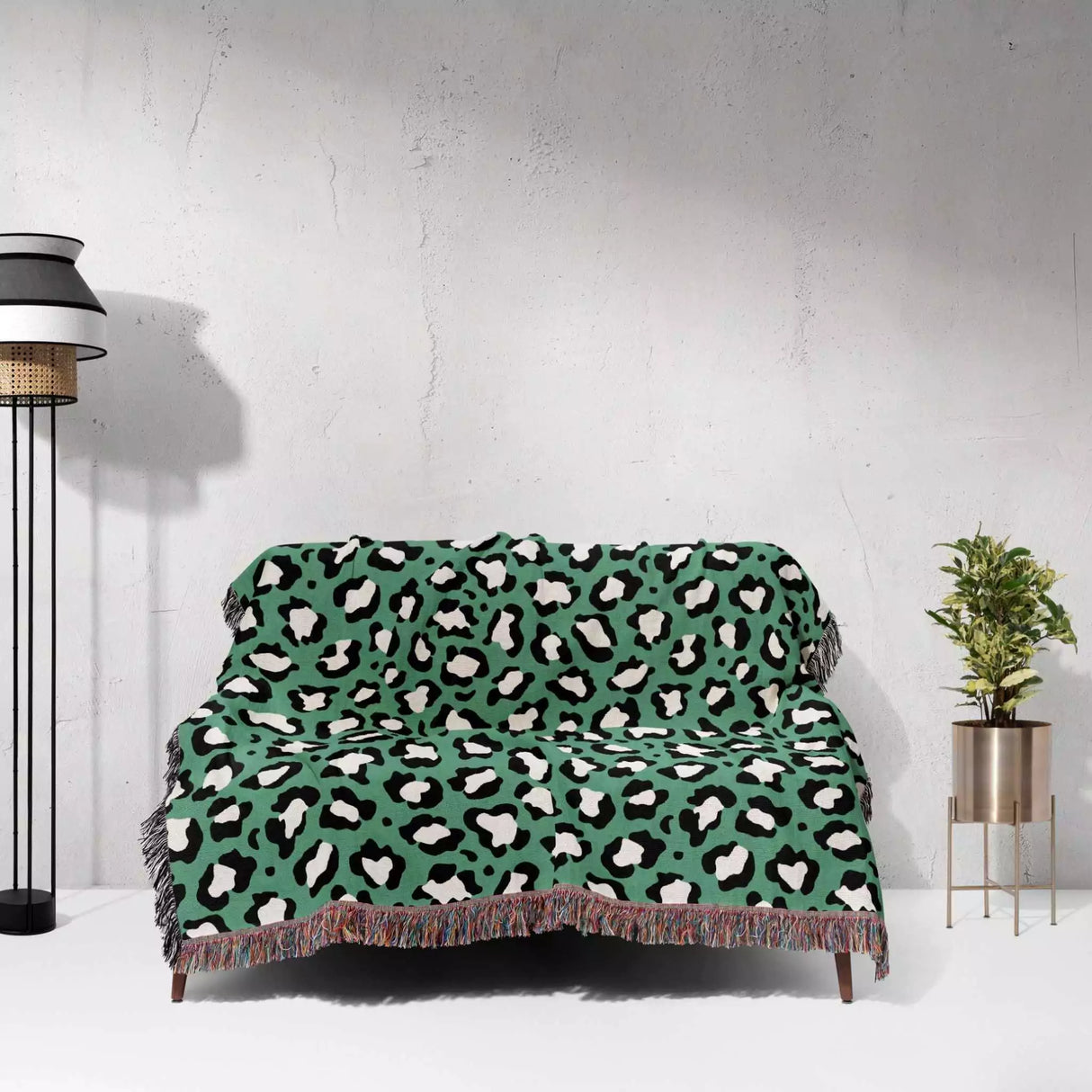 Leopard Animal Print White and Green Woven Throw Blanket and Tapestry - DesignerOllie.com