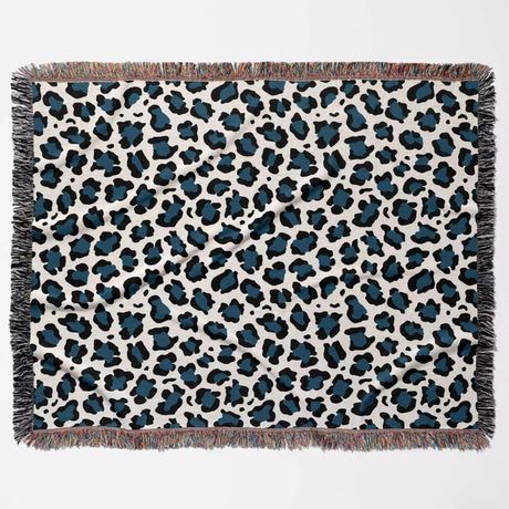 Leopard Print Black and Blue Woven Throw Blanket and Tapestry - DesignerOllie.com