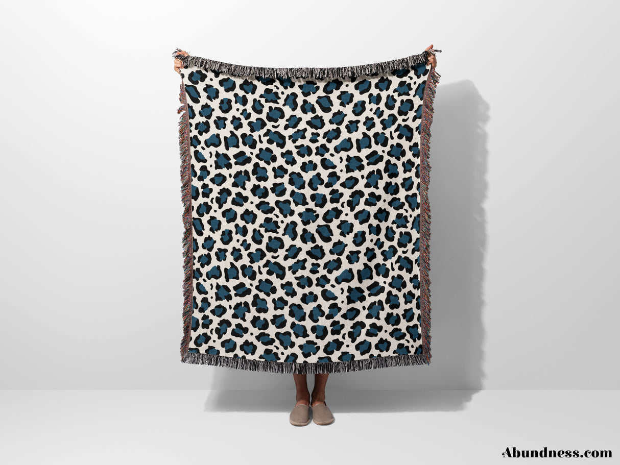 Leopard Print Black and Blue Woven Throw Blanket and Tapestry