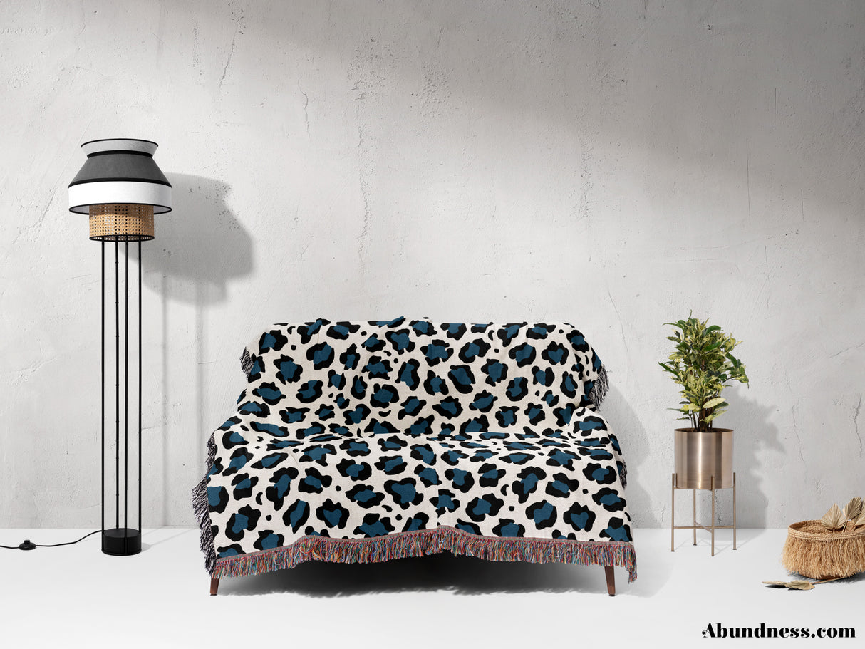 Leopard Print Black and Blue Woven Throw Blanket and Tapestry