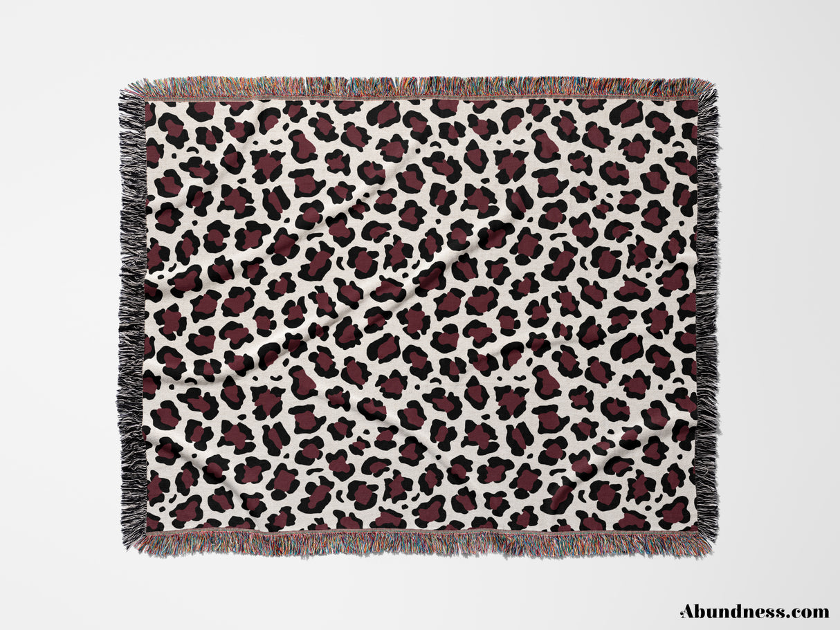 Leopard Print Black and Bordeaux Woven Throw Blanket and Tapestry