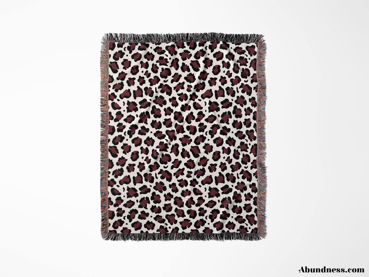 Leopard Print Black and Bordeaux Woven Throw Blanket and Tapestry