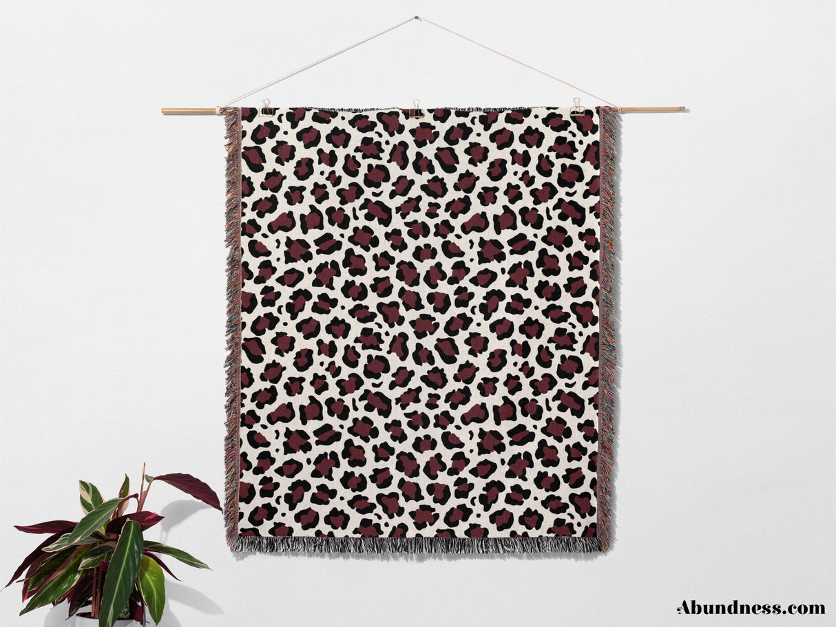 Leopard Print Black and Bordeaux Woven Throw Blanket and Tapestry