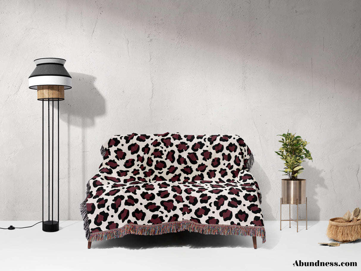 Leopard Print Black and Bordeaux Woven Throw Blanket and Tapestry