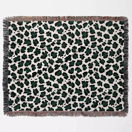 Leopard Print Black and Forest Green Woven Throw Blanket and Tapestry - DesignerOllie.com