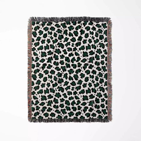 Leopard Print Black and Forest Green Woven Throw Blanket and Tapestry - DesignerOllie.com
