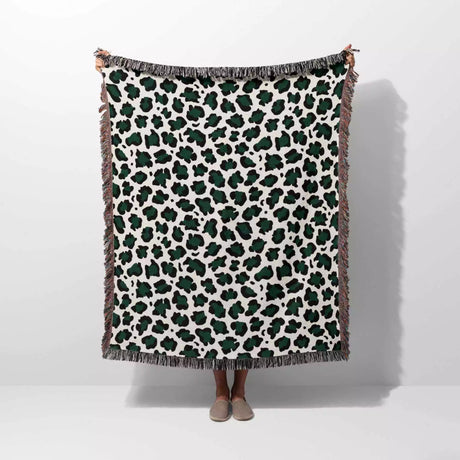 Leopard Print Black and Forest Green Woven Throw Blanket and Tapestry - DesignerOllie.com
