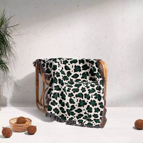 Leopard Print Black and Forest Green Woven Throw Blanket and Tapestry - DesignerOllie.com