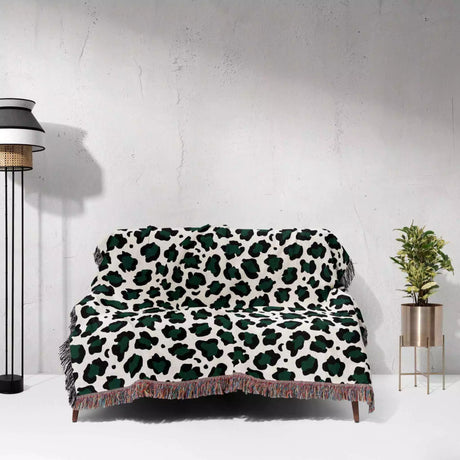 Leopard Print Black and Forest Green Woven Throw Blanket and Tapestry - DesignerOllie.com
