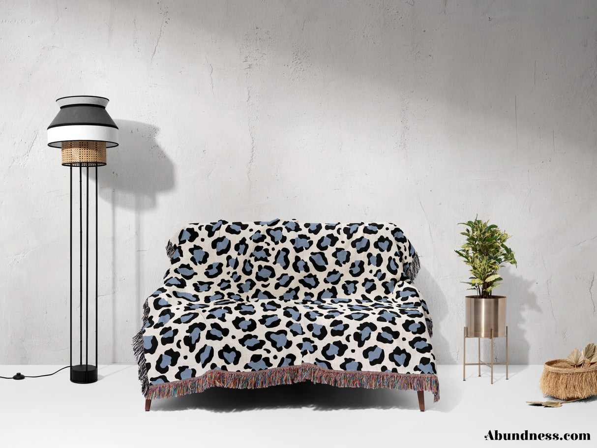 Leopard Print Black and Light Blue Woven Throw Blanket and Tapestry