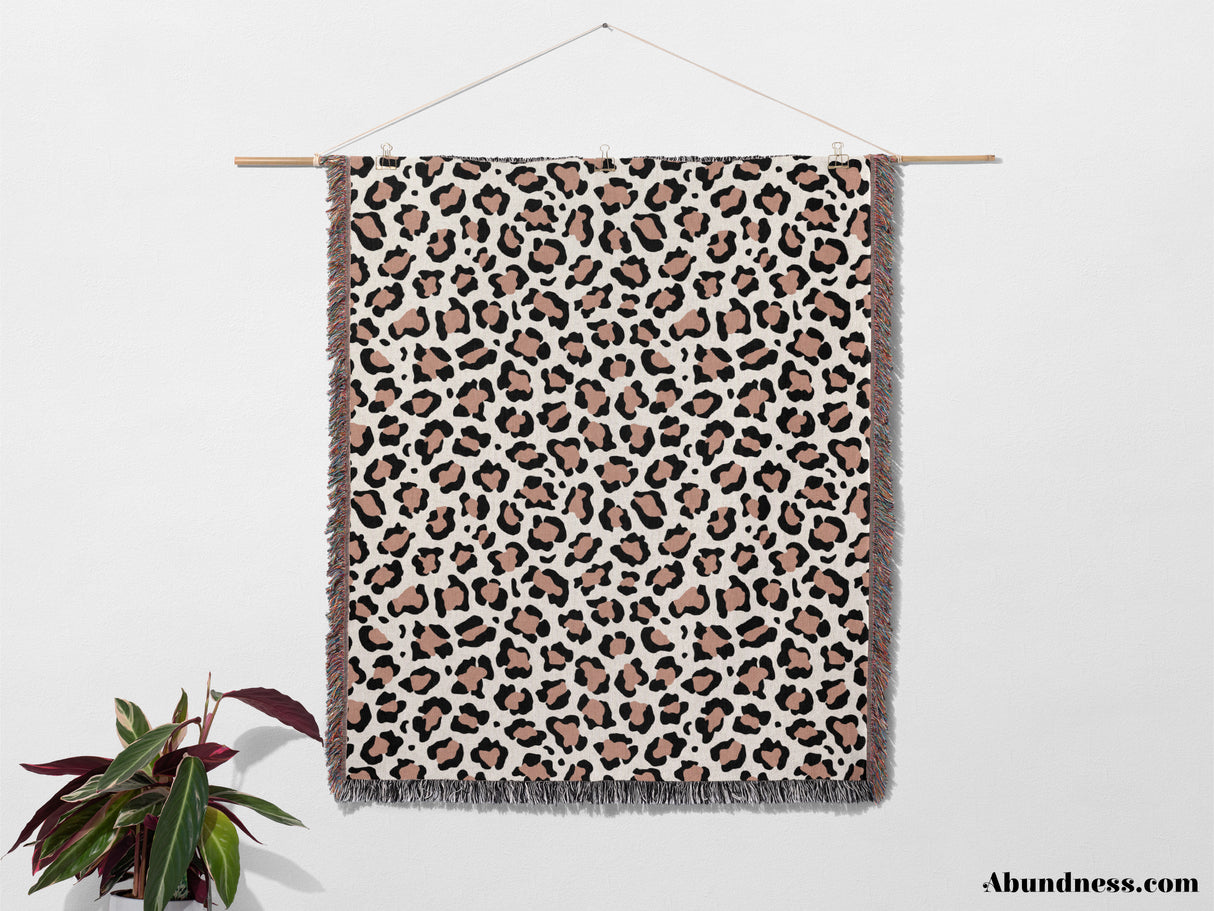 Leopard Print Black and Light Brown Woven Throw Blanket and Tapestry