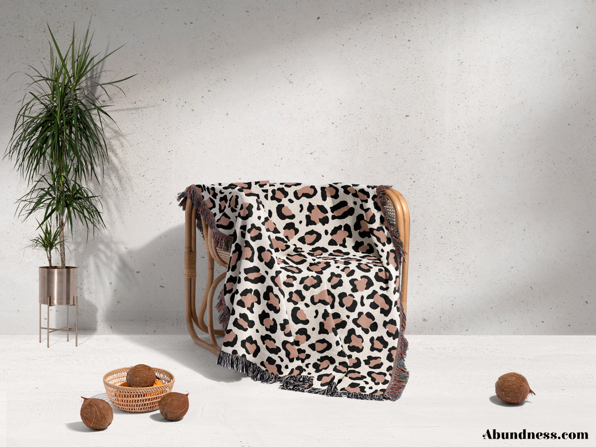 Leopard Print Black and Light Brown Woven Throw Blanket and Tapestry