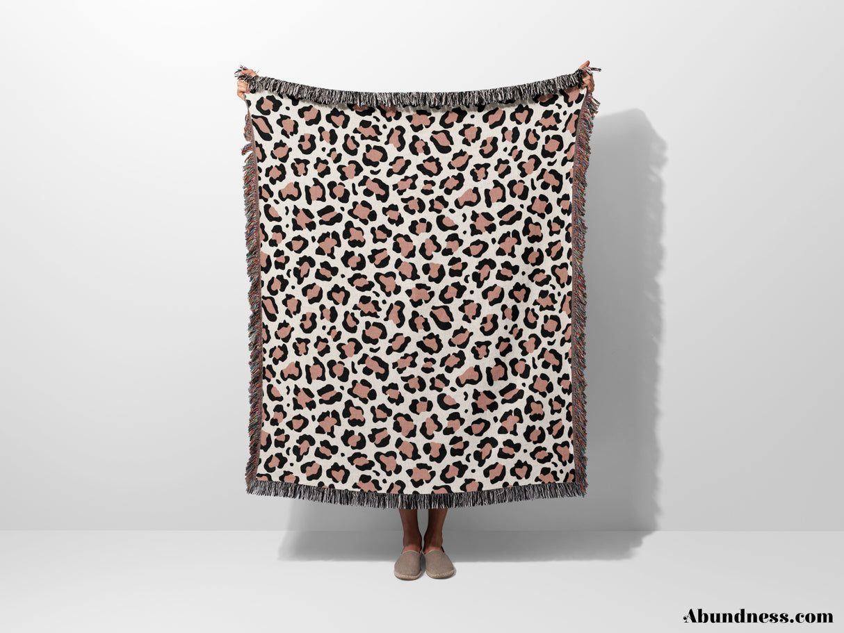 Leopard Print Black and Light Red Woven Throw Blanket and Tapestry