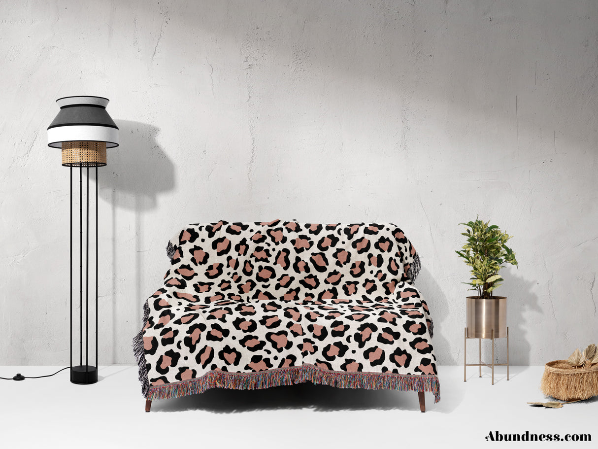 Leopard Print Black and Light Red Woven Throw Blanket and Tapestry