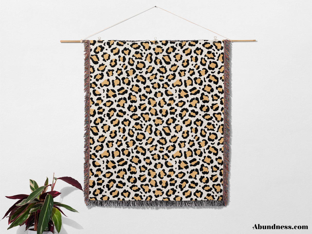 Leopard Print Black and Orange Woven Throw Blanket and Tapestry