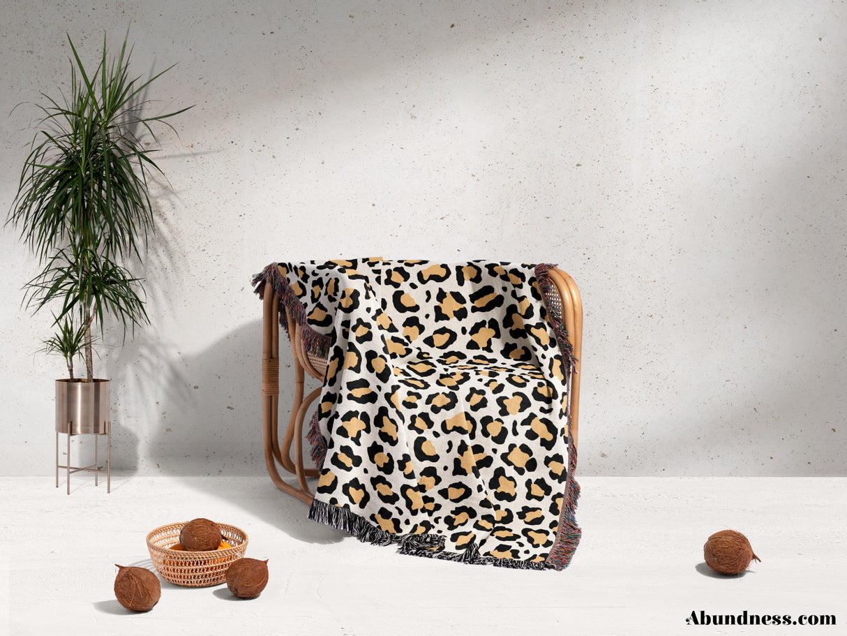 Leopard Print Black and Orange Woven Throw Blanket and Tapestry