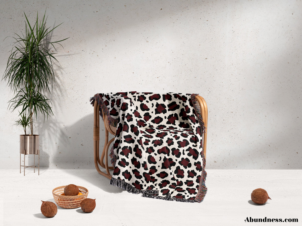 Leopard Print Black and Red Woven Throw Blanket and Tapestry