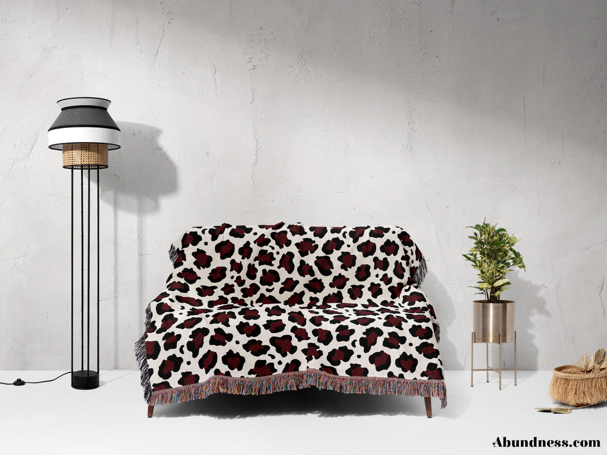 Leopard Print Black and Red Woven Throw Blanket and Tapestry