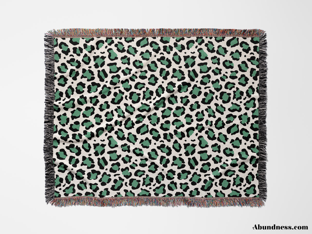 Leopard Print Woven Black and Light Green Throw Blanket and Tapestry