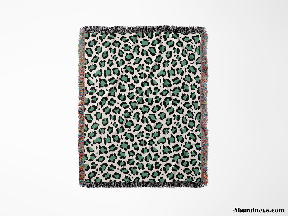 Leopard Print Woven Black and Light Green Throw Blanket and Tapestry