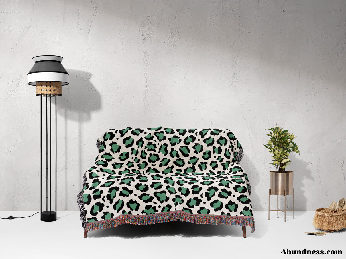 Leopard Print Woven Black and Light Green Throw Blanket and Tapestry