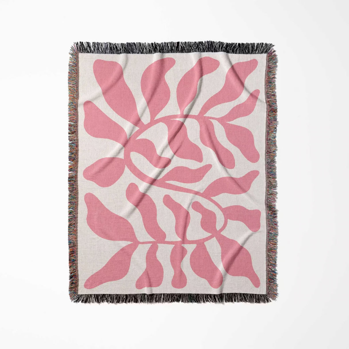 Lighter red leaf Matisse throw blanket with fringe full view on a white background