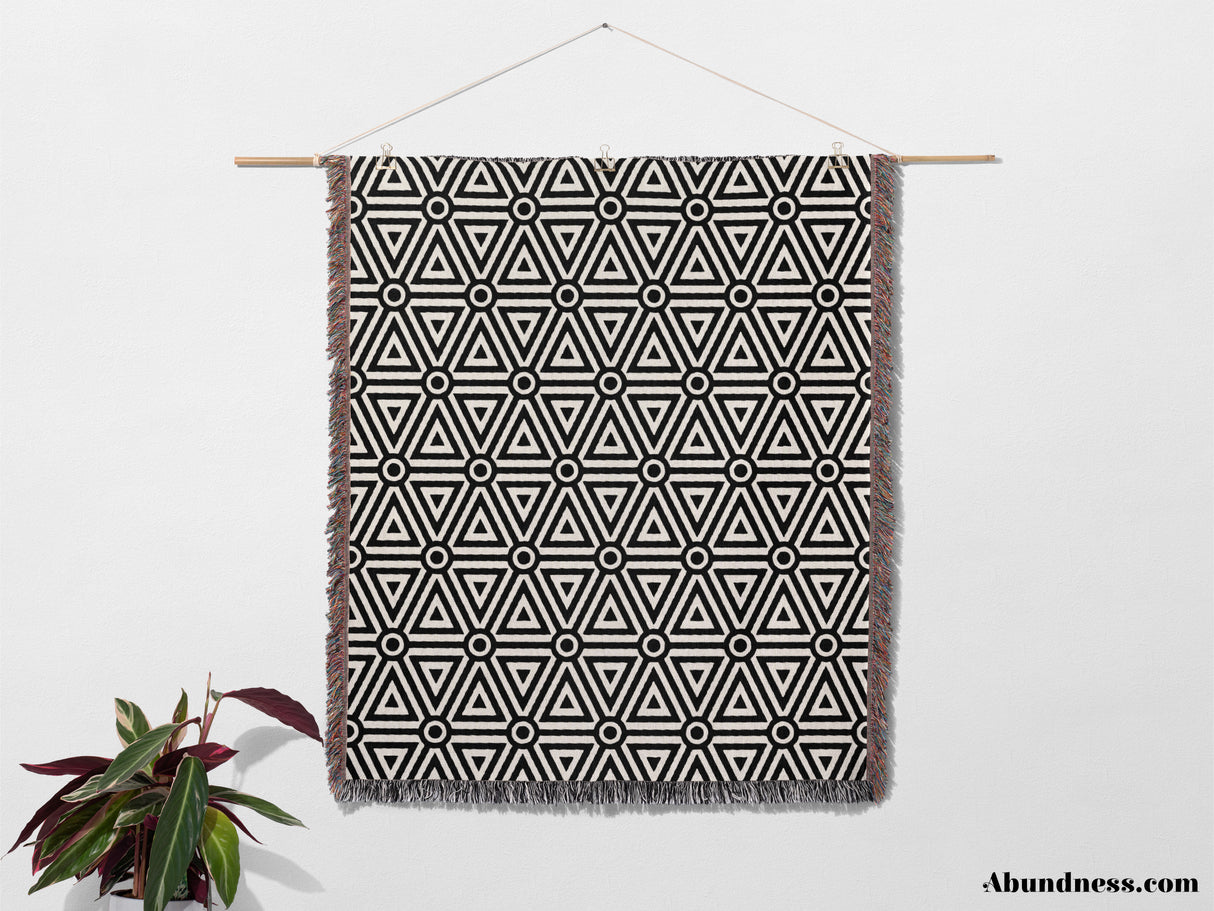 Luxe Triangle Geometric Pattern Black and White Monochrome Woven Throw Blanket and Tapestry