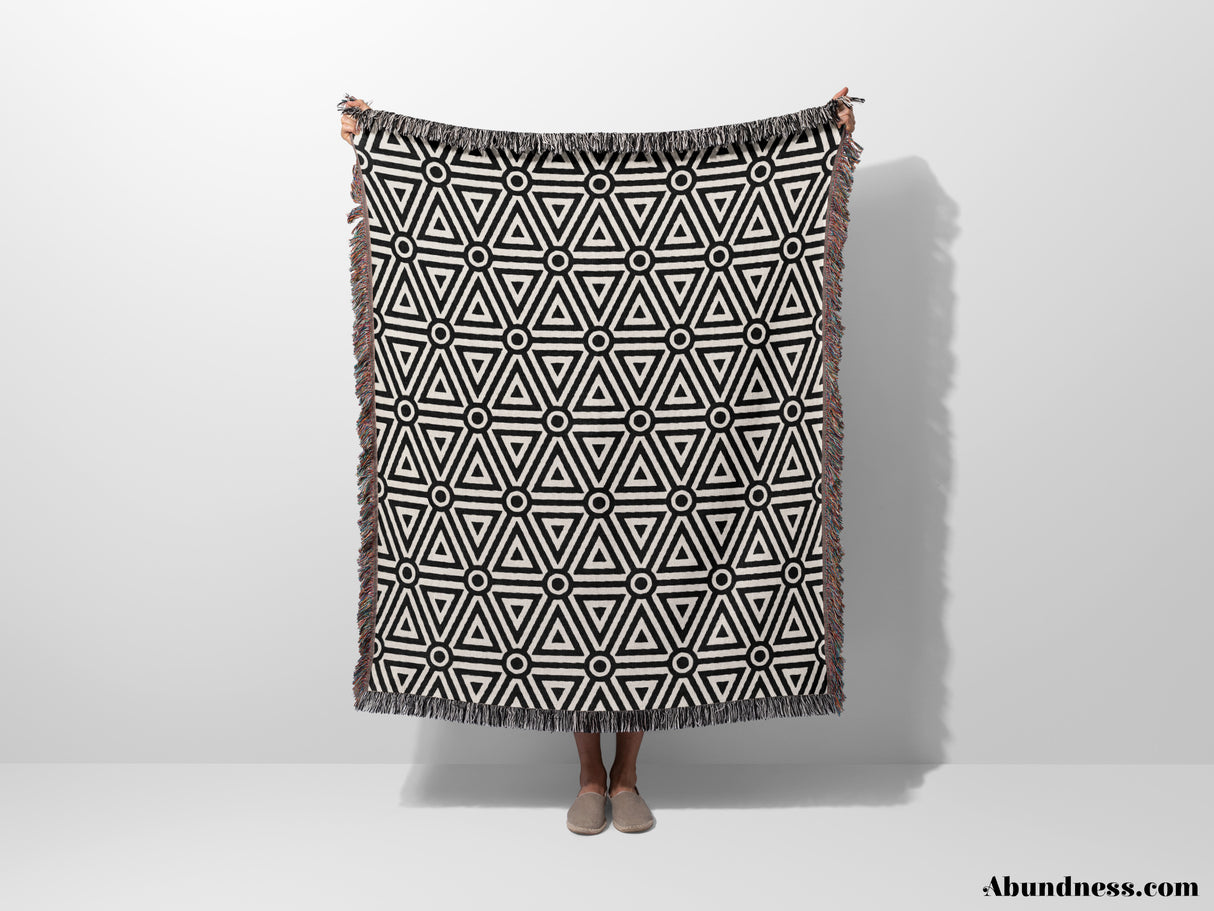 Luxe Triangle Geometric Pattern Black and White Monochrome Woven Throw Blanket and Tapestry