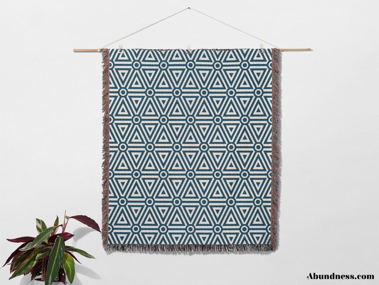 Luxe Triangle Geometric Pattern Blue Woven Throw Blanket and Tapestry