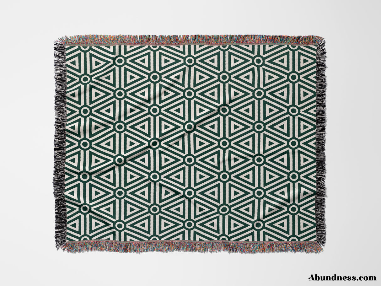 Luxe Triangle Geometric Pattern Forest Green Woven Throw Blanket and Tapestry