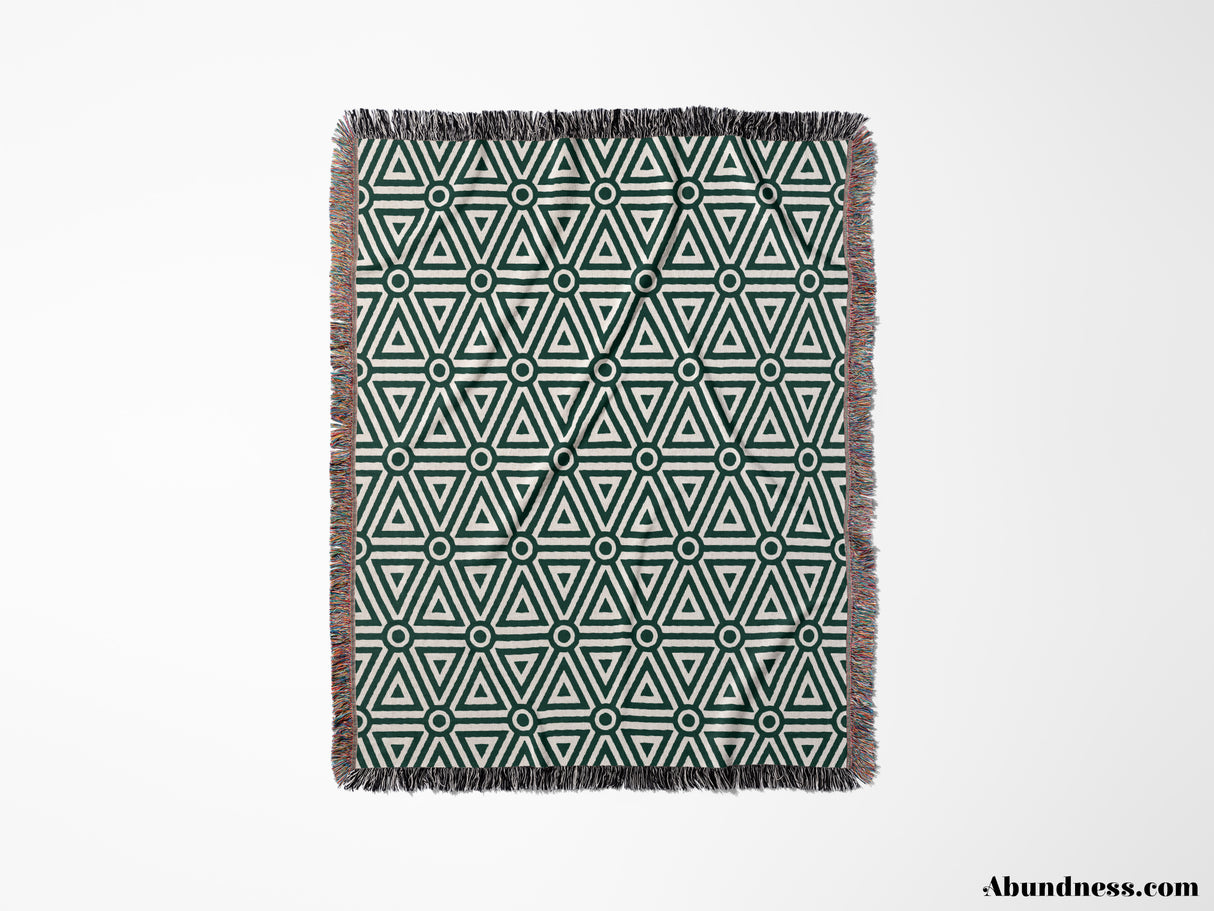 Luxe Triangle Geometric Pattern Forest Green Woven Throw Blanket and Tapestry