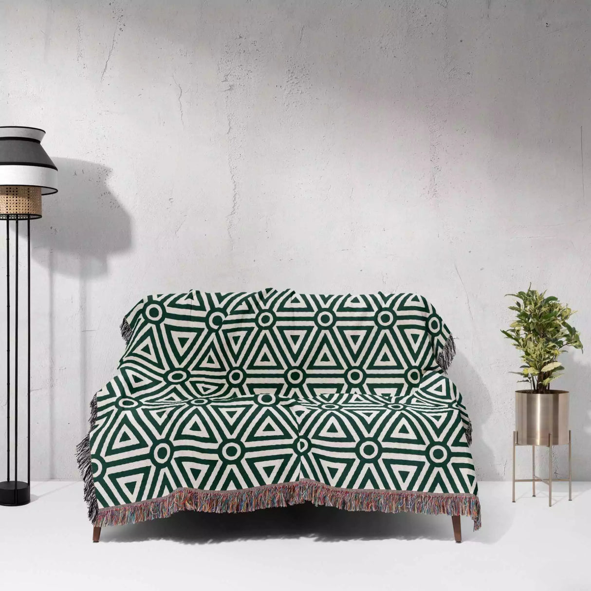 Luxe Triangle Geometric Pattern Forest Green Woven Throw Blanket and Tapestry - DesignerOllie.com