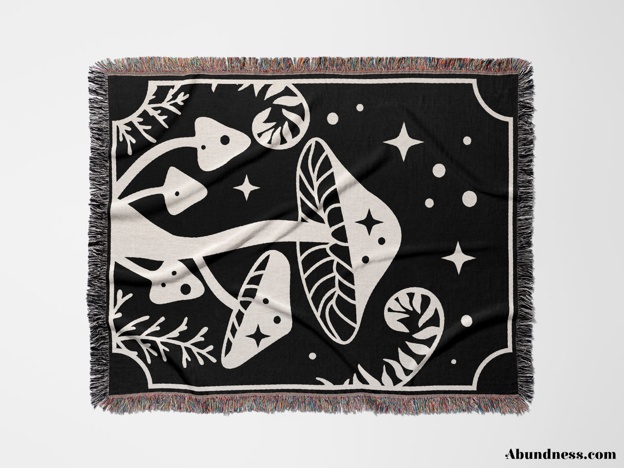 Magic Mushroom Black and White Monochrome Woven Throw Blanket and Tapestry